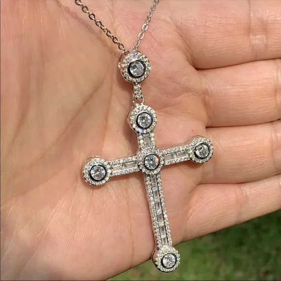 New Luxury 925 Silver Beautiful Cross For Men Women Diamond Necklace - Picture 2 of 15